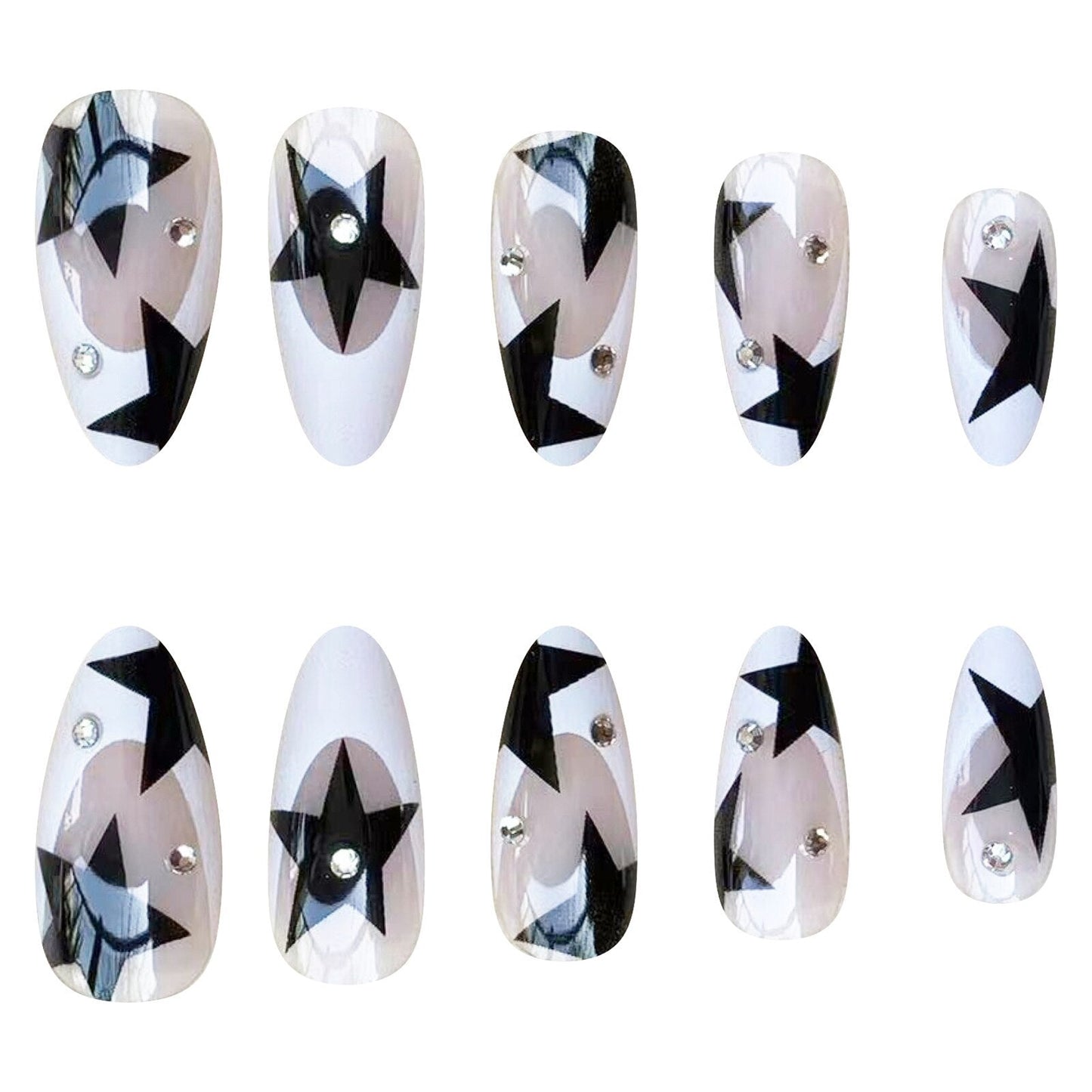 Short Almond Y2k Nails Press On Nail With Black Pentacle Star Designs 24pcs White French False Nails Rhinestone Fake Nail Tips