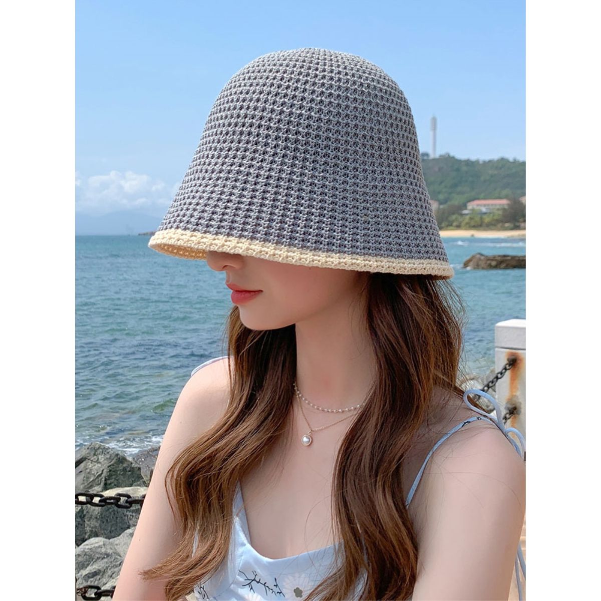 Summer Bicolor Knit Bucket Hat For Woman Trendy Black Bucket Hat Sun Caps Fashion Trend Charm Y2k Young Girl Kpop Gift Girl 5 55-59 cm