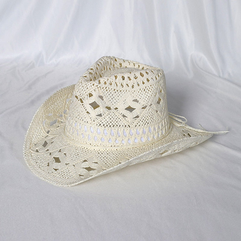 Cowboy hat fashion hollow handmade cowboy straw hat men's summer outdoor travel beach hat unisex solid color western cowboy hat 2 M55-58cm