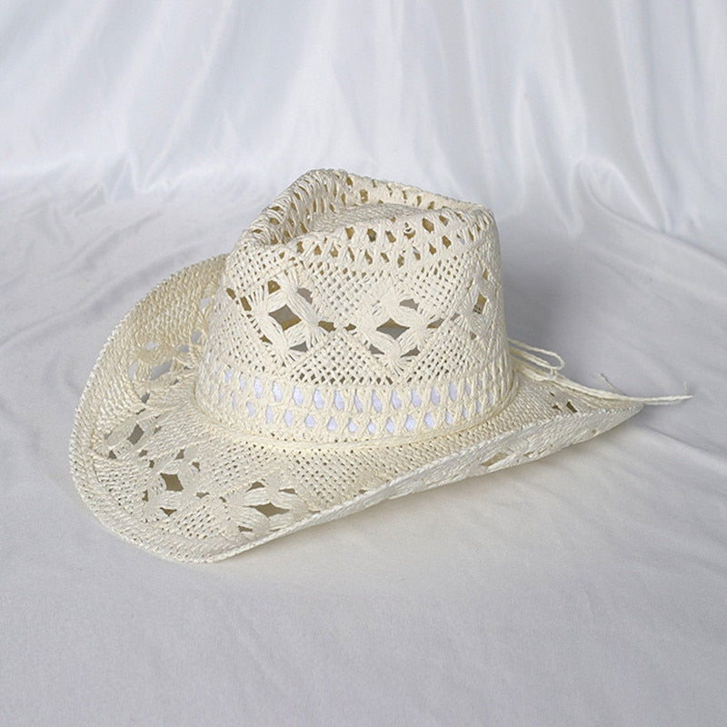Cowboy hat fashion hollow handmade cowboy straw hat men's summer outdoor travel beach hat unisex solid color western cowboy hat 2 M55-58cm