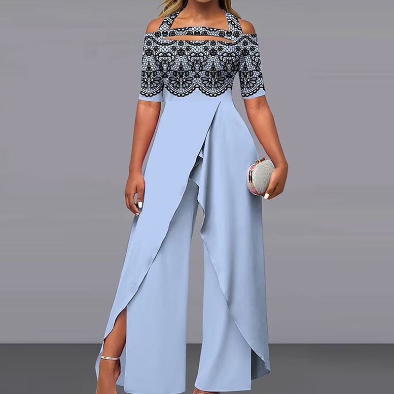 Elegant Pattern Print Short Sleeve Long Jumpsuit Women Chic Backless Lace-up Irregular Overall Fashion Female Split Romper