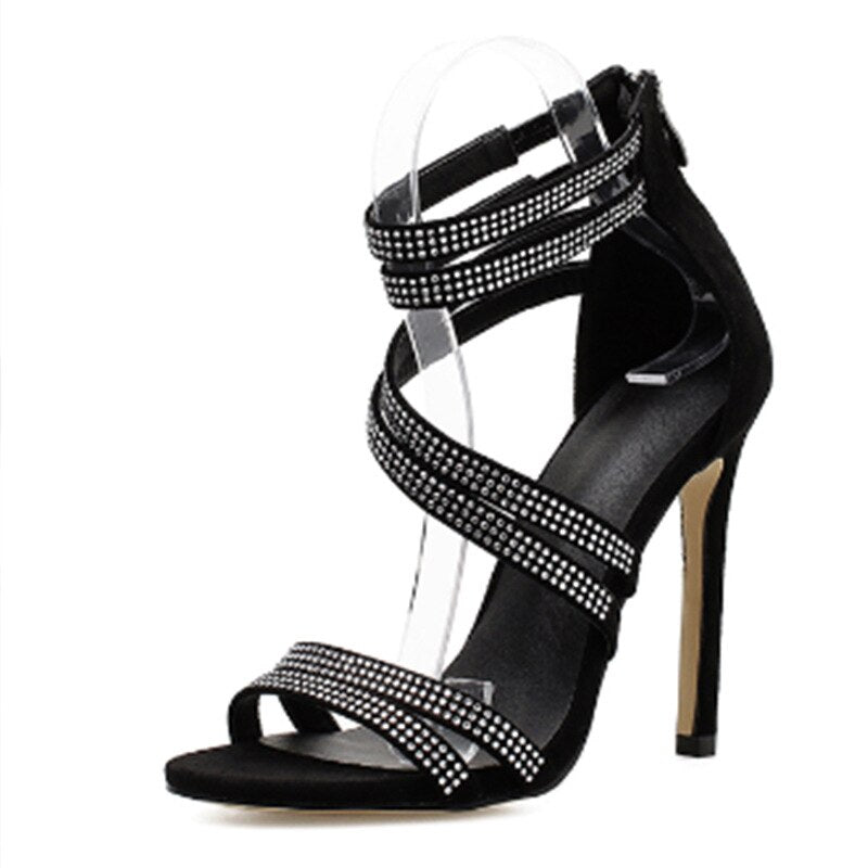 Gold Crystal Sandals Thin Strap Gladiator Sandals Stiletto Wedding Heels Rhinestone Cage Sandals