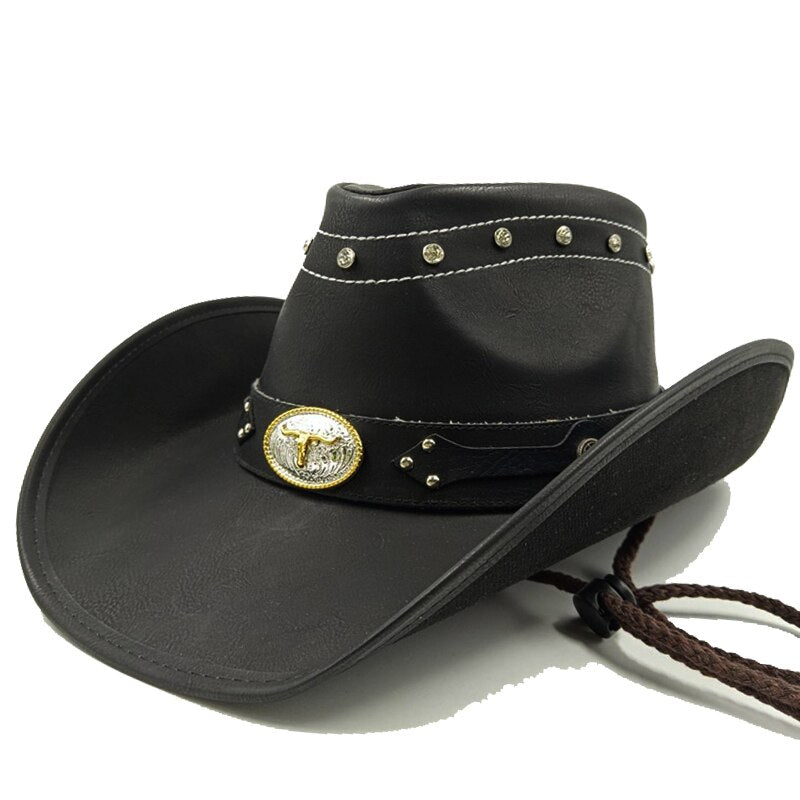 Retro Unisex Vintage Wide Brim Leather Cowboy Cowgirl Western Hat With Tassel Braid Leather Band Size 58-59CM