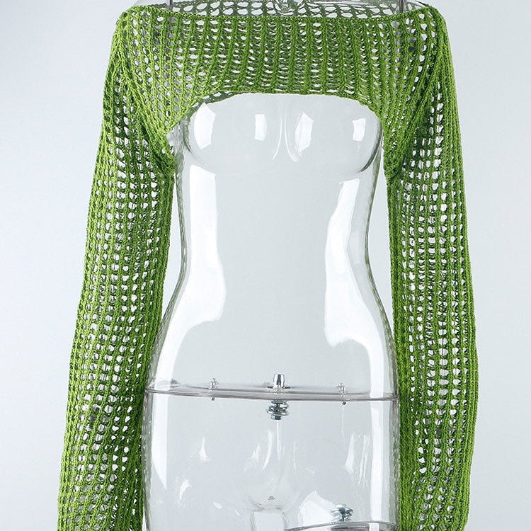 Summer Long Sleeve Smock Knitted Crop Top Women Y2k Beach Sexy Backless Hollow Out T Shirts Green Party Casual Pullovers