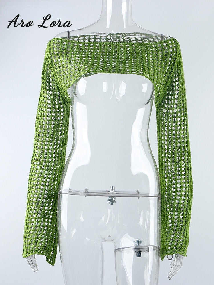 Summer Long Sleeve Smock Knitted Crop Top Women Y2k Beach Sexy Backless Hollow Out T Shirts Green Party Casual Pullovers