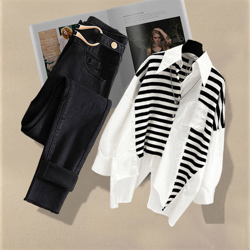 Spring and Autumn Set Women's New Dress Western Shirt Top Versatile Jeans Two Piece Y2k Clothes Women's Pants Two piece set 3