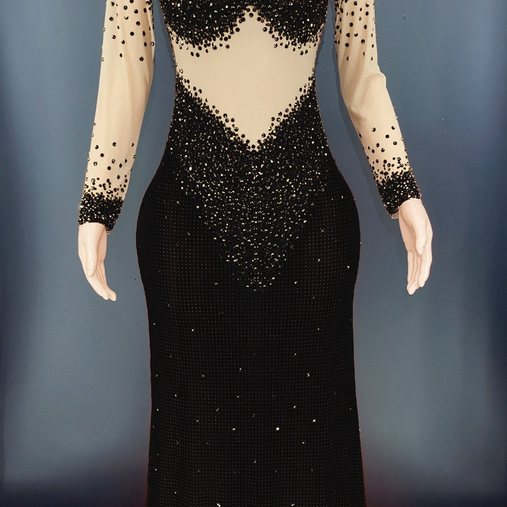 Sparkly Rhinestones Long Sleeves Mesh Transparent Dress Birthday Celebrate Gown Outfit Women Sexy Evening Prom Party Dress Black