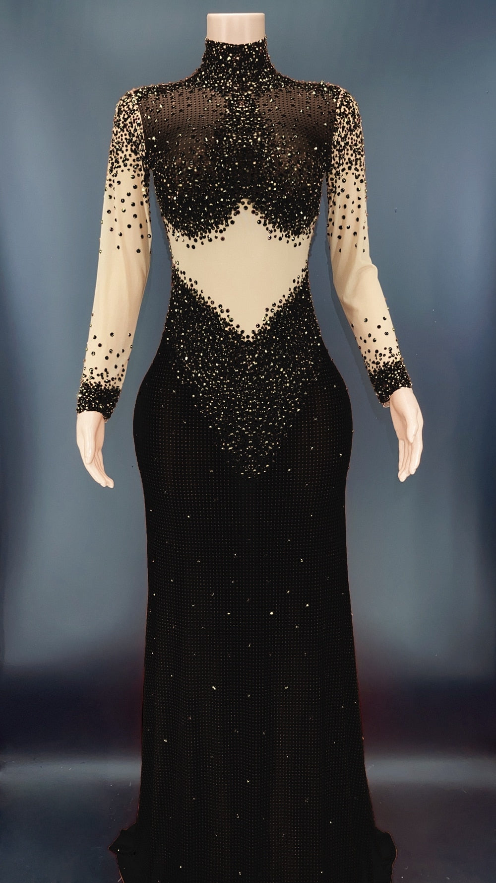 Sparkly Rhinestones Long Sleeves Mesh Transparent Dress Birthday Celebrate Gown Outfit Women Sexy Evening Prom Party Dress Black