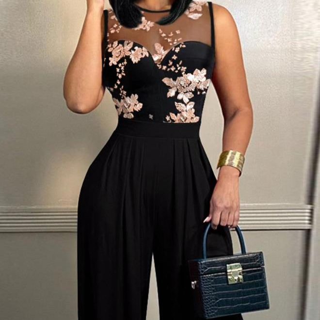 Women's Jumpsuit Spring Fashion Sexy Contrast Sequin Floral Pattern Round Neck Sleeveless Wide Leg Long Party Jumpsuit