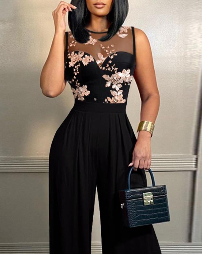Women's Jumpsuit Spring Fashion Sexy Contrast Sequin Floral Pattern Round Neck Sleeveless Wide Leg Long Party Jumpsuit