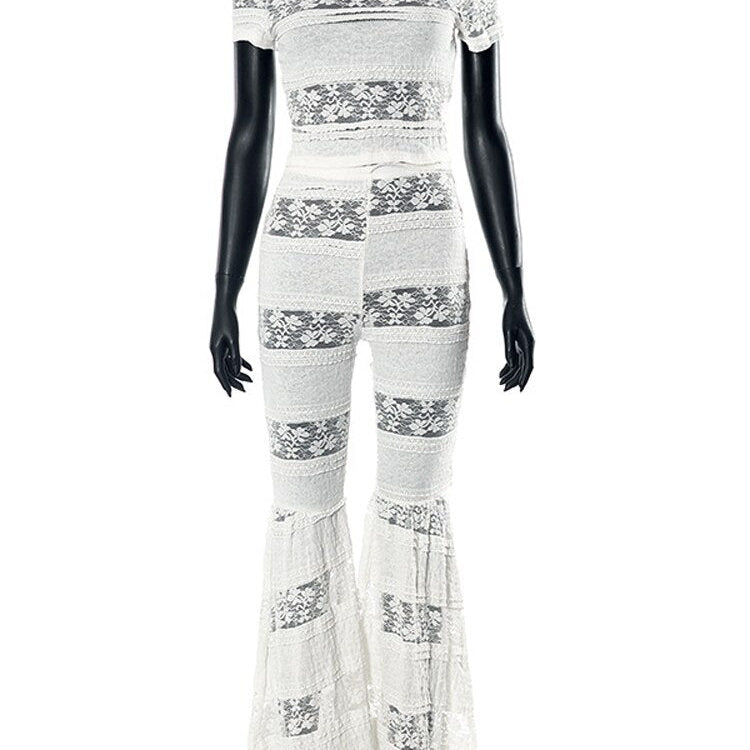 Fall Two Piece Sets Outfits Women Short Sleeve Lace Mesh Tops High Waist Pants Suits Autumn Party Club Matching Sets White