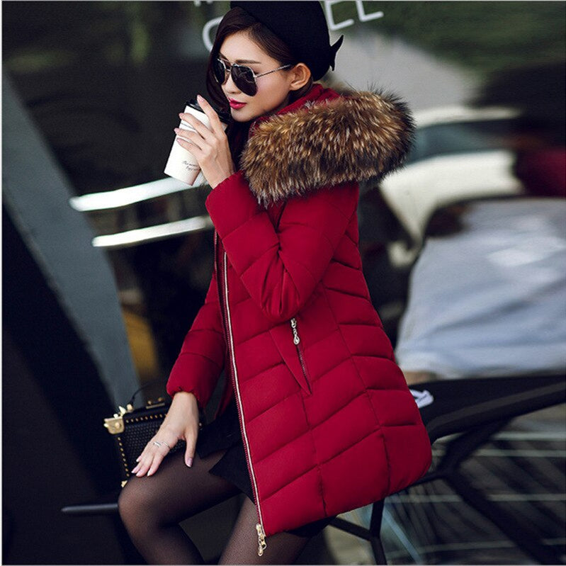 Women's Down Jacket 2024 Winter Woman Korean Style Long Zipper Slim Coats Big Fur Collar Hooded Padded Parka Jacket Female