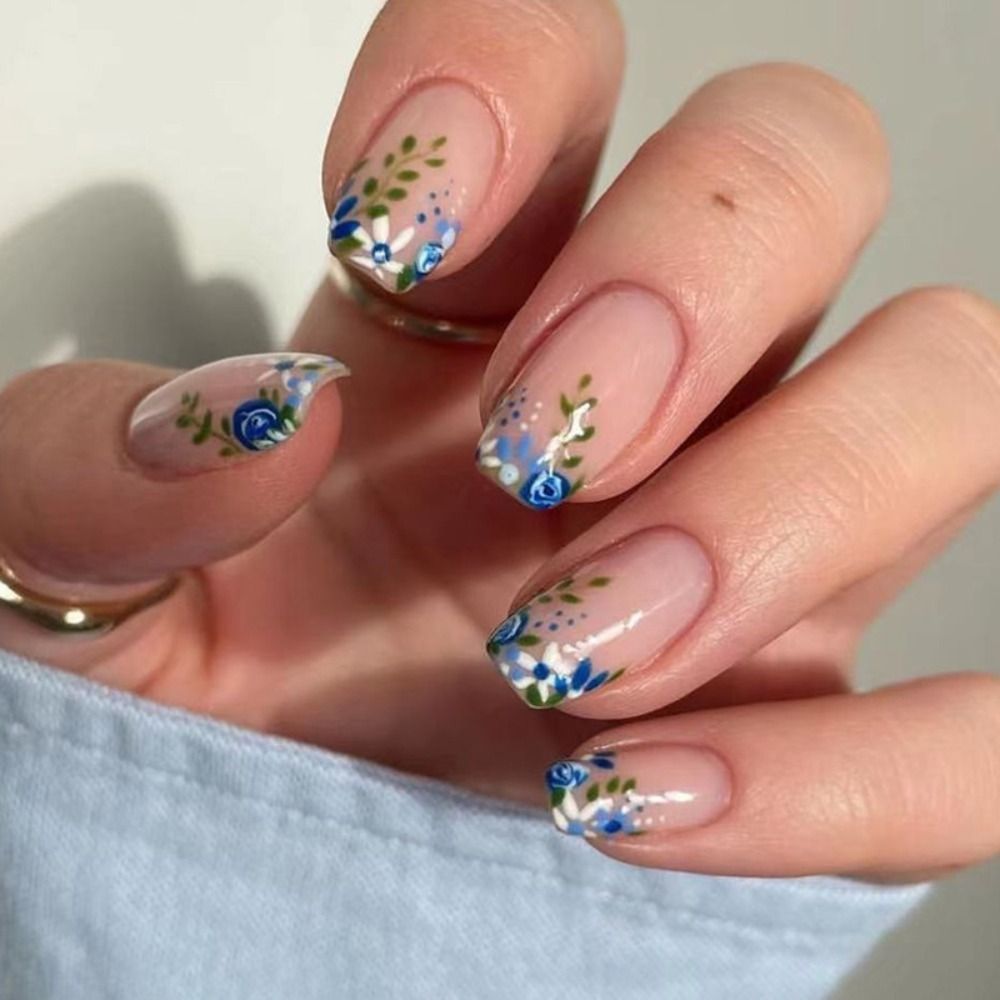 Summer New Square False Nails French Fake Nails With Flower Pattern Designs False Nails Full Cover Detachable Press on Nail Tips 1