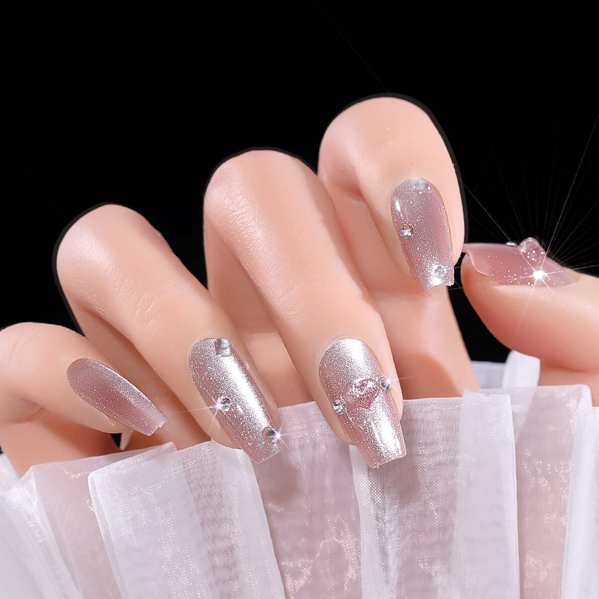 CNHIDS 24Pcs Charming Sparkling Purple Long Coffin False Nail Press On Nail Tips Girl Decoration Crystal Fake Nail With Design