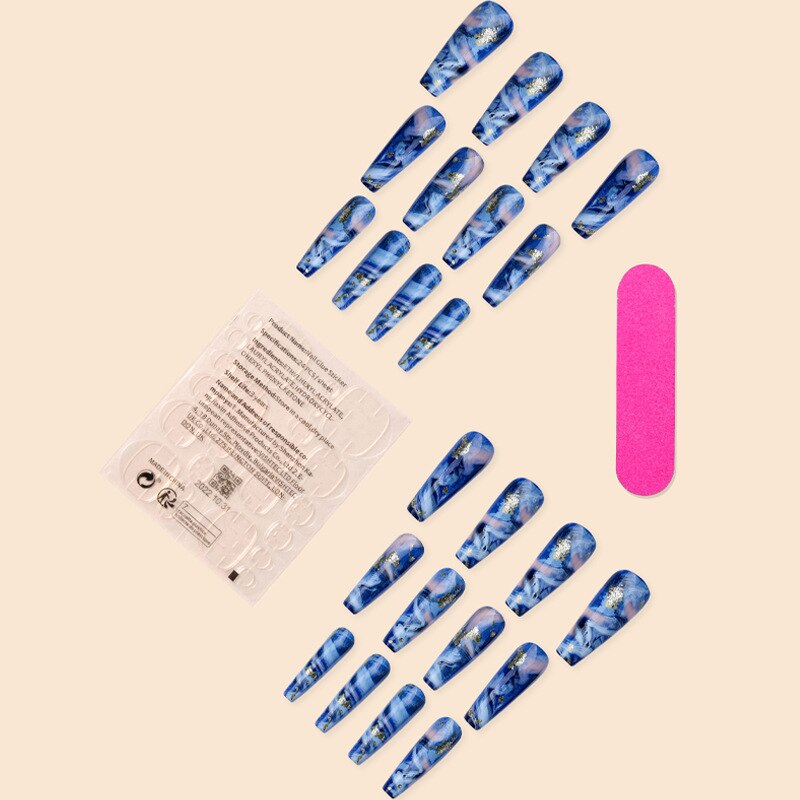 3D ballet fake nails accessories long french coffin tips Dream Blue Ink Printing with gold foils faux ongles press on false nail