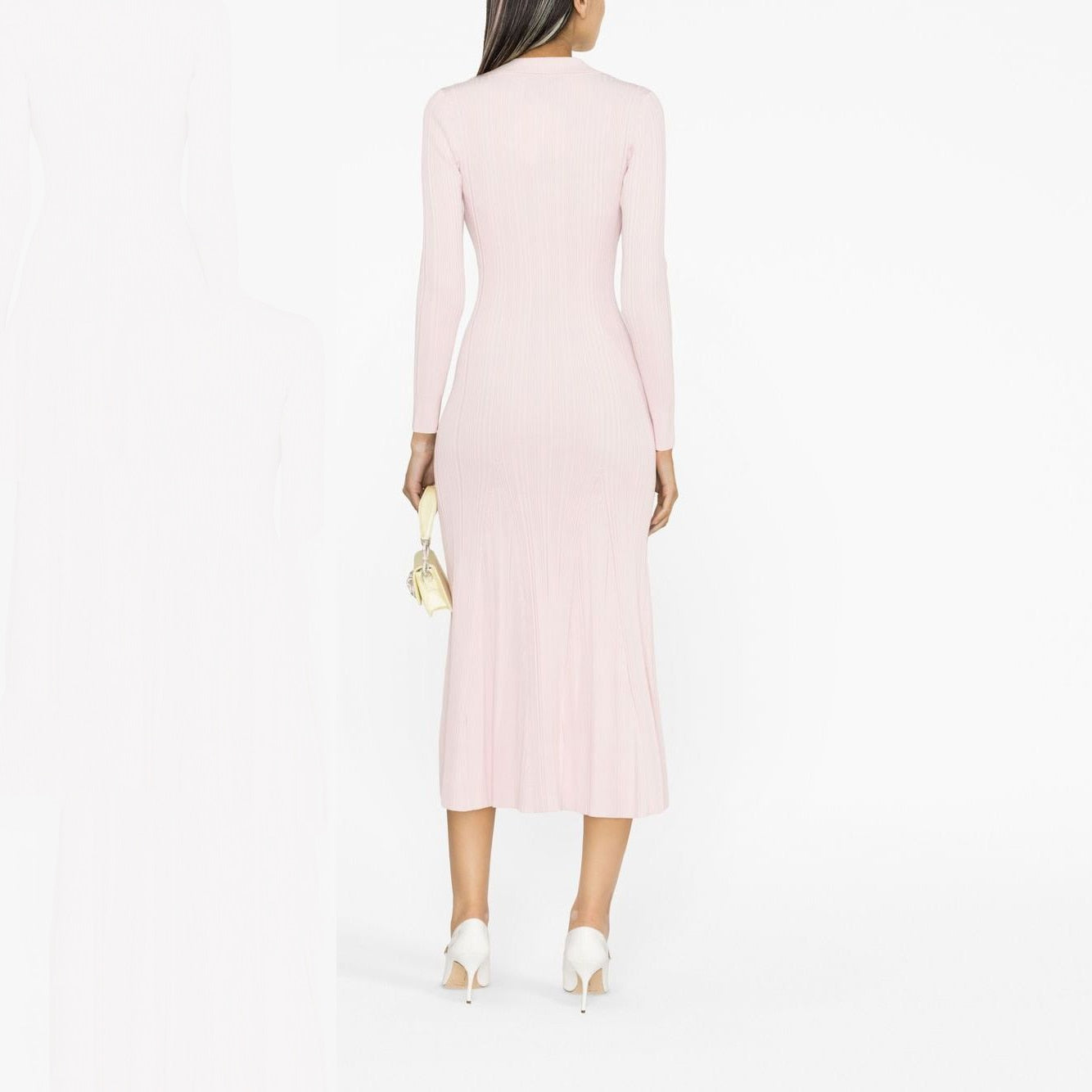 Women's pink knitted medium-length dress senior sense of fashion temperament polo collar waist-skimming long dress