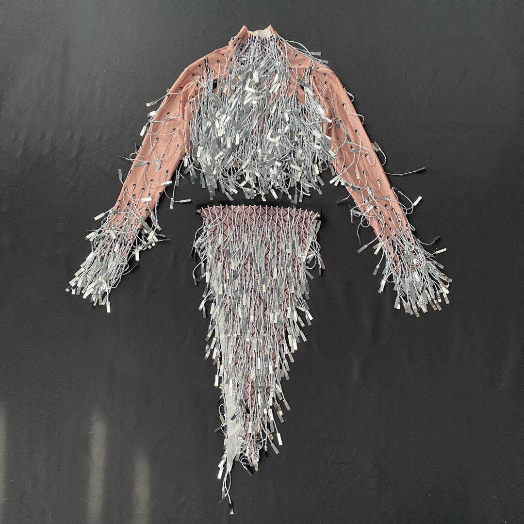 Latin Dance Costume Sequin Fringe Tassel Stage Outfit Dress for Women Ballroom Competition Dresses Night Party Clubwear Silver