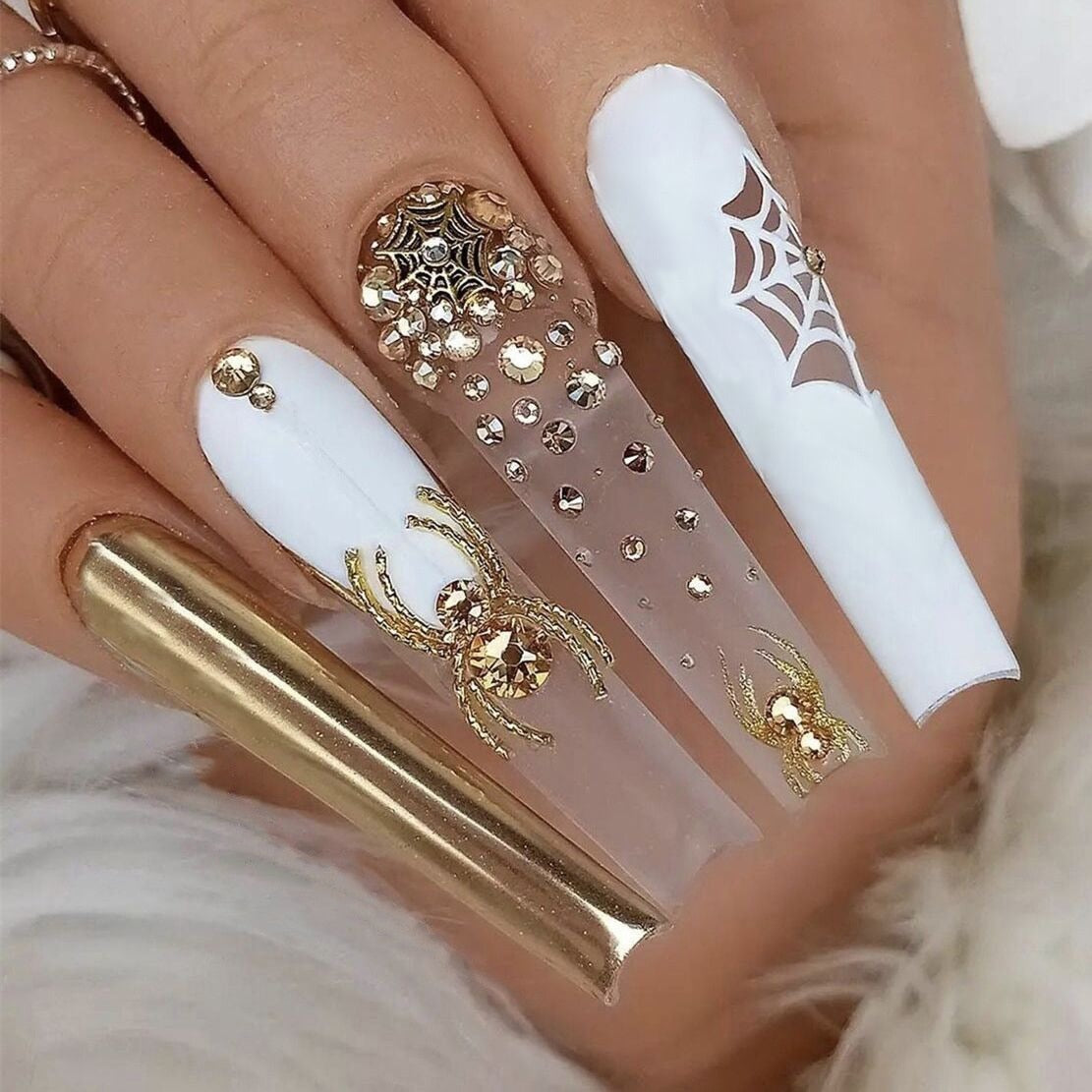 3D Halloween fake nails gold spider with glitter diamond designs long french coffin tips faux ongles press on false nail supplie