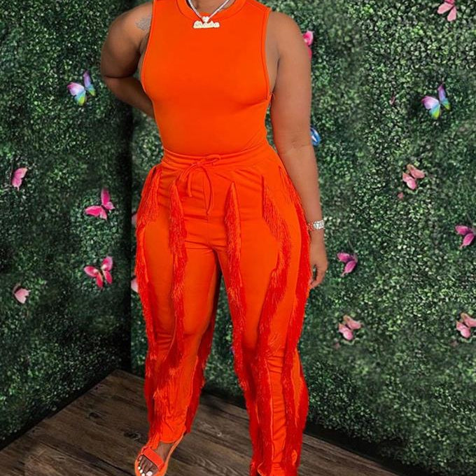 Fashion Solid Romper Casual Tank Top & Tassel Decor Drawstring Pants Set Skinny Tank Jumpsuits Summer Female Outfit Streetwear A