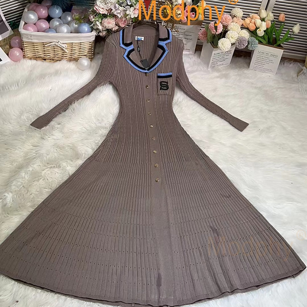 Modphy Elegant Slim Knitted Long Dress Women's Single breasted Long sleeved Designer Slim Vintage Dresses Autumn Brown Long Sleeve