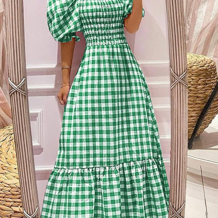 Summer Long Maxi Dress Women Casual Short Sleeve Square Collar Vintage Plaid Party Bohemian Vestidos Loose Sundress A-Green Spain