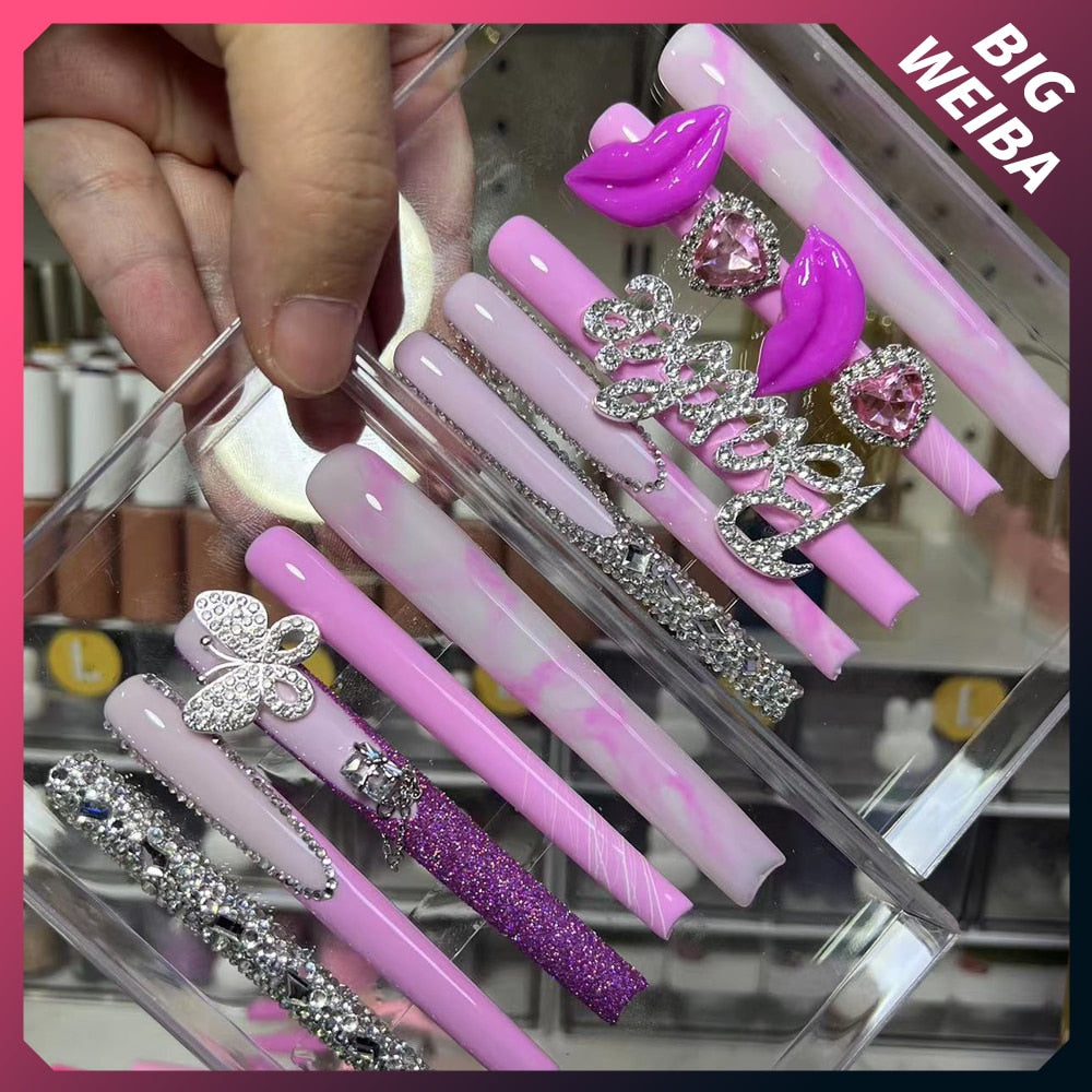 41Style Diamond Stiletto Coffin Long Nail Europe America Handwork Customization Cosplay Party Full Cover Fake Nails Woman Gift