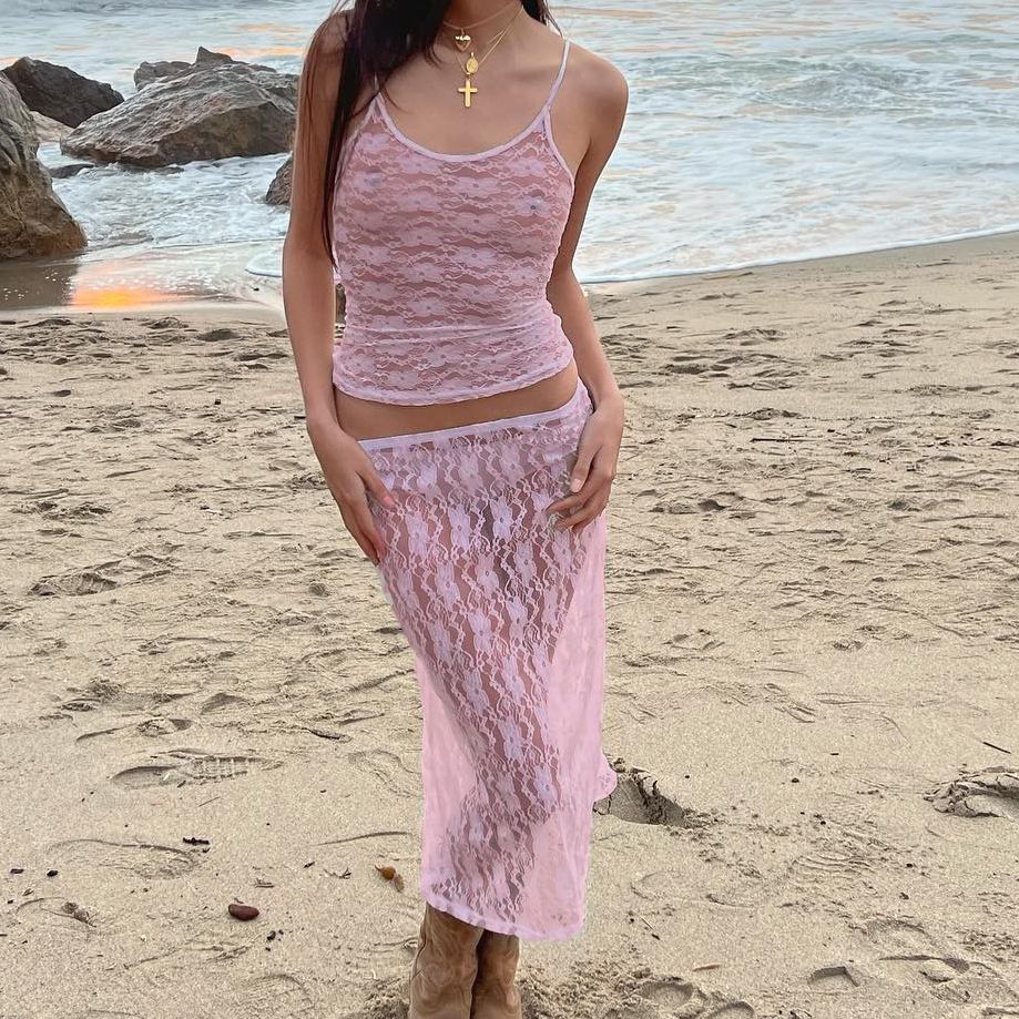 Women y2k Skirt Sets Suit 2Pcs Suit Lace Flower See Through Sleeveless Camisole + Wrapped Midi Skirt Summer Beach Outfits
