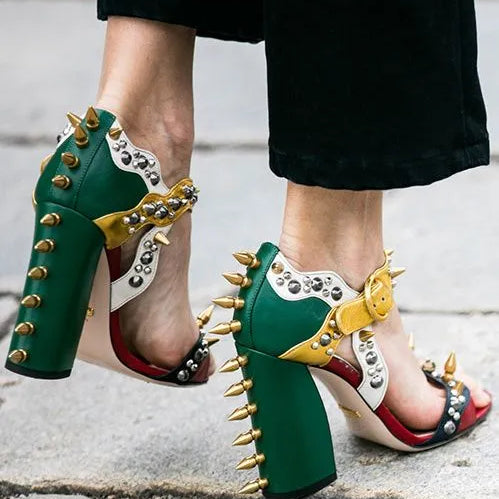 Leather Rivets Design Chunky High Heel Sandals Women Open Toe Dress Buckle Sandals Lady Patchwork Shoes Spring Fashion 2024