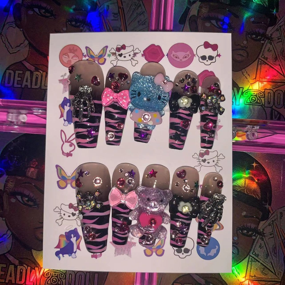 Fashion Cool Personality Cosplay Party Nails Long Coffin 3D High-End Chain Nail Tips Girls Gift Accessories 15