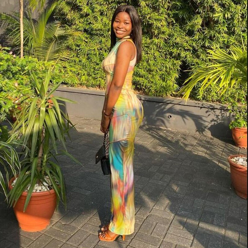 Women Halter Aesthetic Colorful Tie Dry Maxi Dress Hipster Striped Patchwork sleeveless Straight Robe Female Streetwear