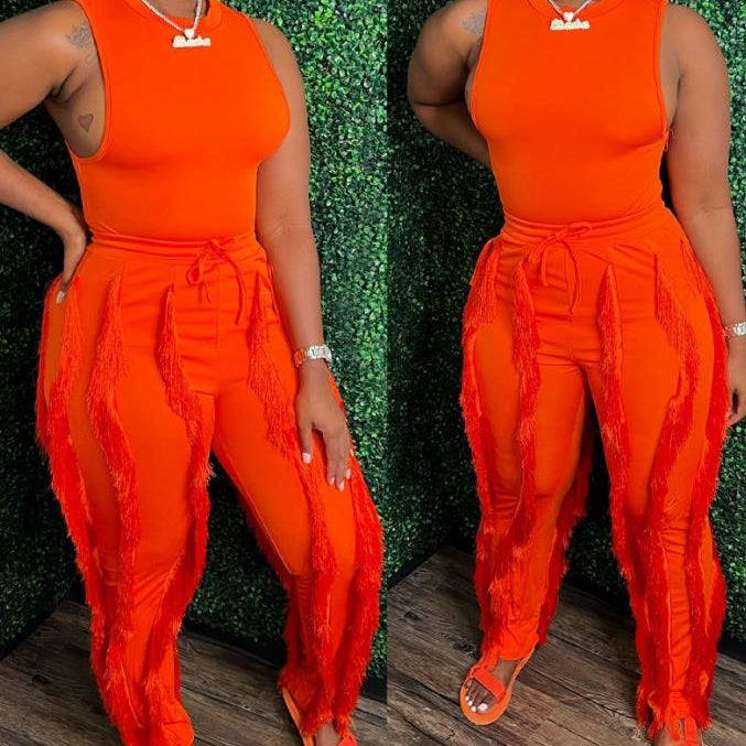 Fashion Solid Romper Casual Tank Top & Tassel Decor Drawstring Pants Set Skinny Tank Jumpsuits Summer Female Outfit Streetwear