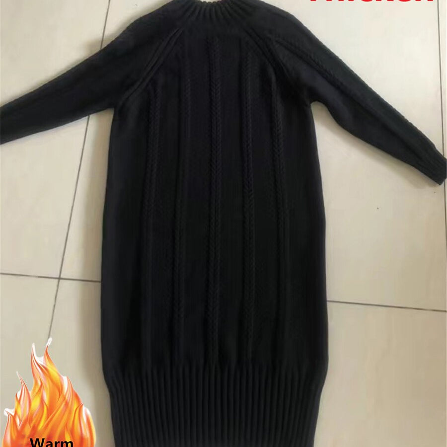 Winter Thicken Plus Velvet Sweater Dress Women's Fall Mock Neck Rib Knit Bottoming Dresses Elegant Warm Vestido Midi With Coats Thicken black