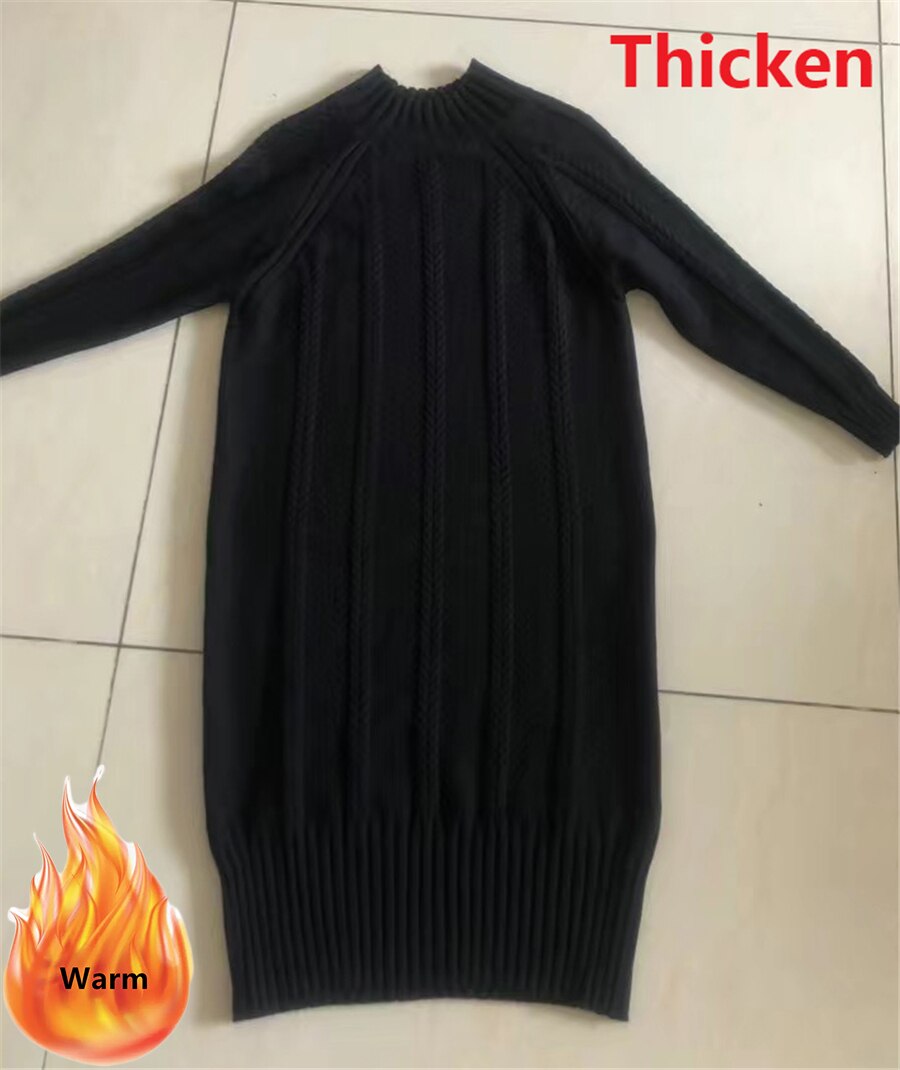 Winter Thicken Plus Velvet Sweater Dress Women's Fall Mock Neck Rib Knit Bottoming Dresses Elegant Warm Vestido Midi With Coats