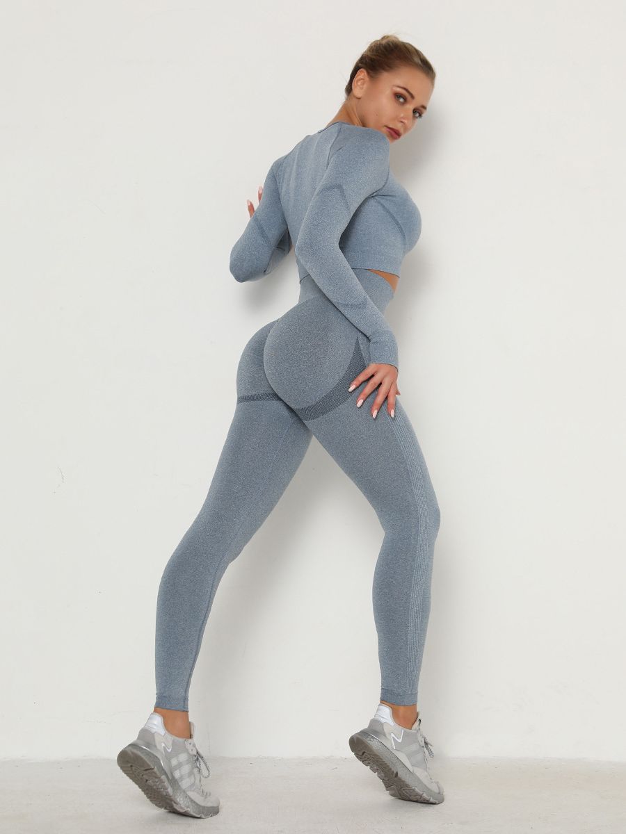 Women's Sets Skinny Tracksuit Breathable Bra Long Sleeve Top Seamless Outfits High Waist Push Up Leggings Gym Clothes Sport Suit New Set Blue