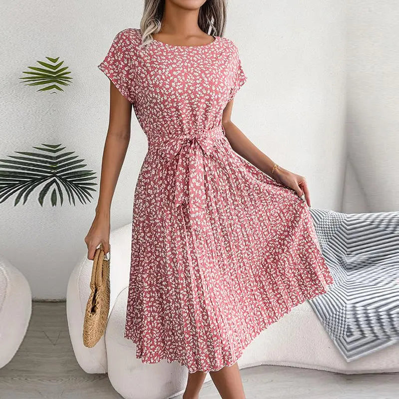 Fashion Floral Pleated A Line Long Dress Women Spring Summer Short Sleeve High Waist Chic Dress Pink