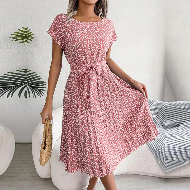 Fashion Floral Pleated A Line Long Dress Women Spring Summer Short Sleeve High Waist Chic Dress Pink