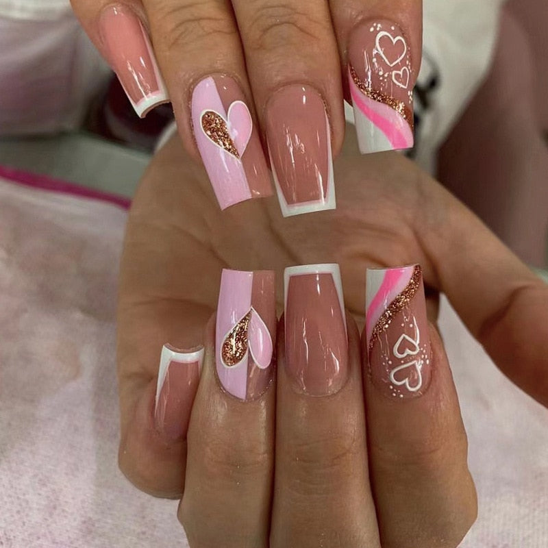 Blue Glitter Powder Waves Design Wearable Nail Art Glossy Fake Nails Short Ballet Finished False Nails Press on Nails with Glue