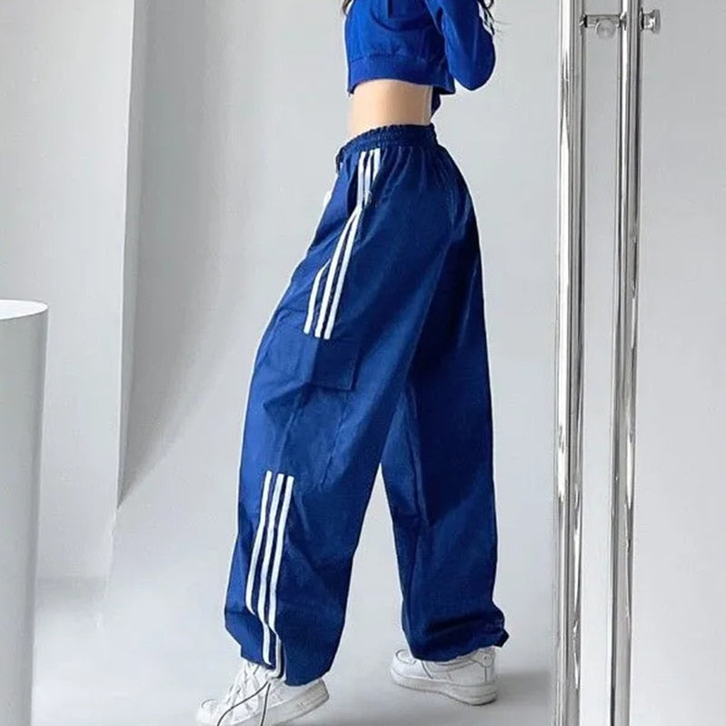 MEXZT Striped Sweatpants Women Hip Hop Streetwear Baggy Wide Leg Cargo Pants Bf Y2K High Waist Drawstring Joggers Trousers Blue