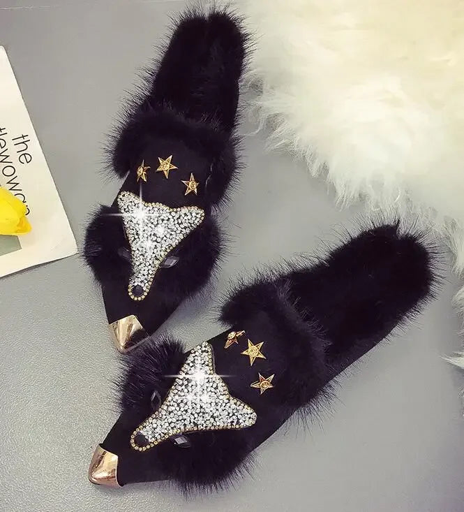 Crystal Fox Pattern Winter Flat Loafers Women Metal Pointed Toe Glitter Fur Moccasins Brand Design Ballet Flats Ladies Shoes Black