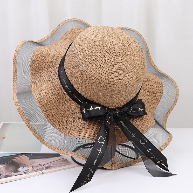 Korean Style Woman Straw Hat Bow Ribbon Large Brim Sunshade Ins Outing Fashion Beach Holiday ladies sun Hat Khaki 57 cm