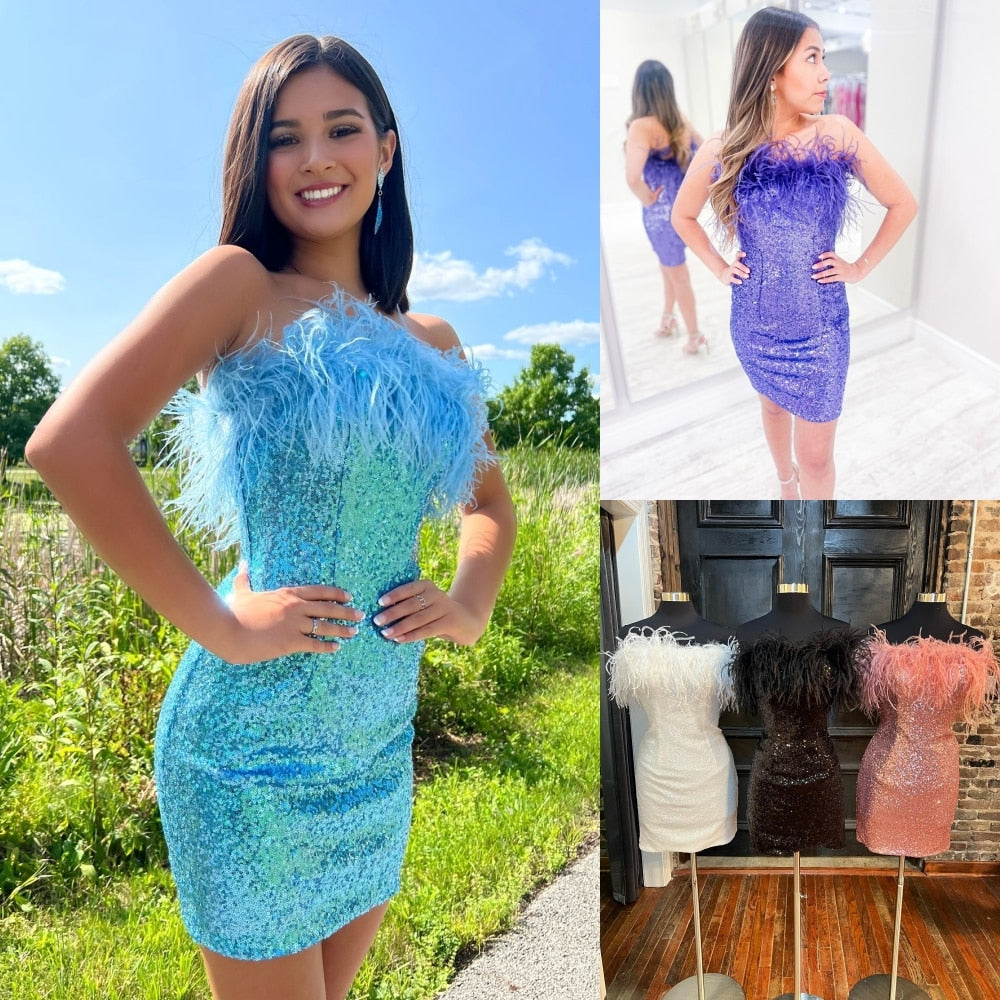 Sequin Mini Hoco Dress NYE Feather Strapless Short Lady Formal Homecoming Party Gown Club Night Cocktail Prom Gala RoseGold
