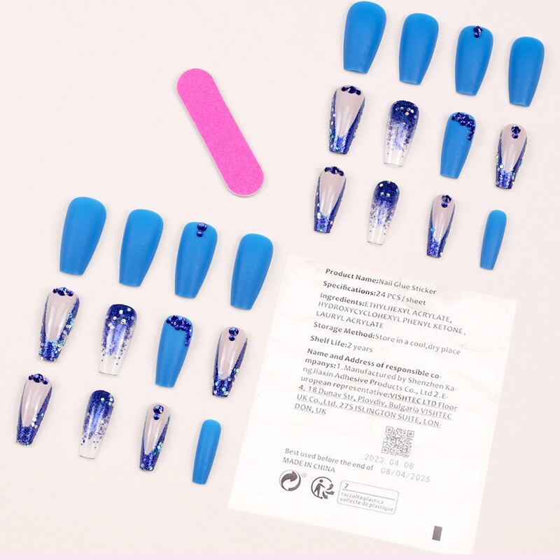 3D fake nails set with diamond glitters blue flakes designs middle size french tips faux ongles press on acrylic false nail art