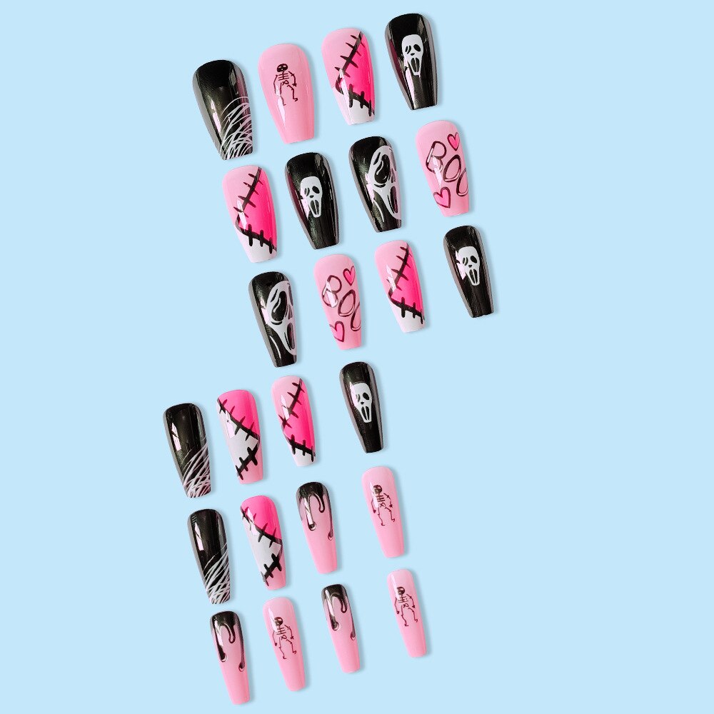 24Pcs/set Press On Nails Halloween Grimace Ballet Full Cover False Nails Diy Glue Press On Fear Nails French Manicure