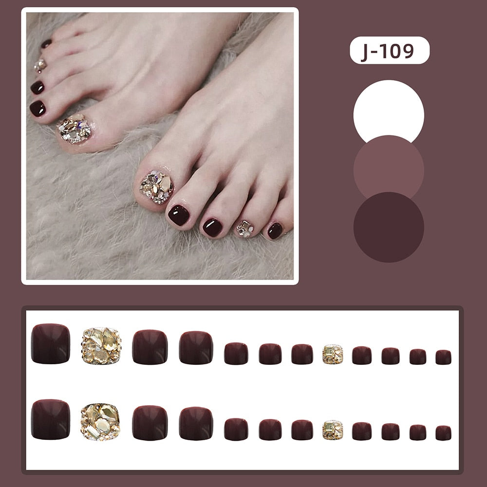Summer Gold Full Diamond Feet Nails Press On Fake Glitter Toe Nail Stickers Full Cover Toe Nail Tips False Foot Nails