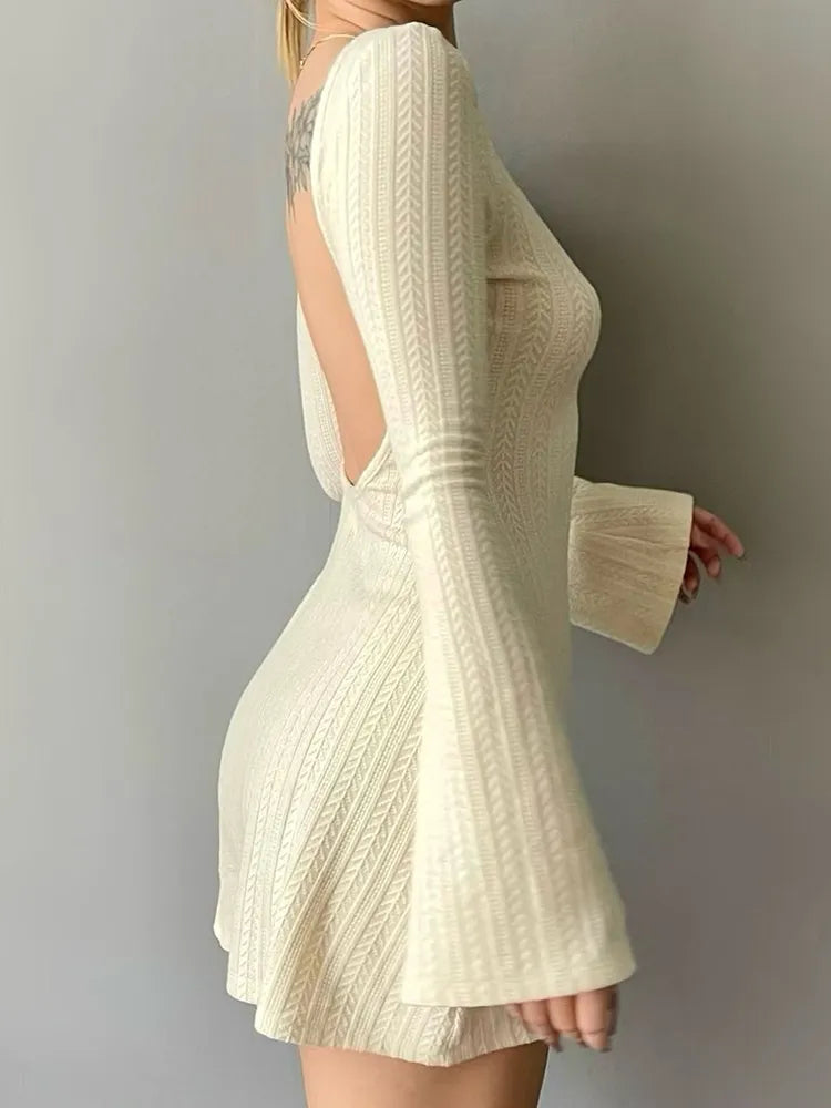 Solid Knitted Backless Dresses for Women Autumn Winter Elegant Long Sleeve Bodycon Mini Dress Casual