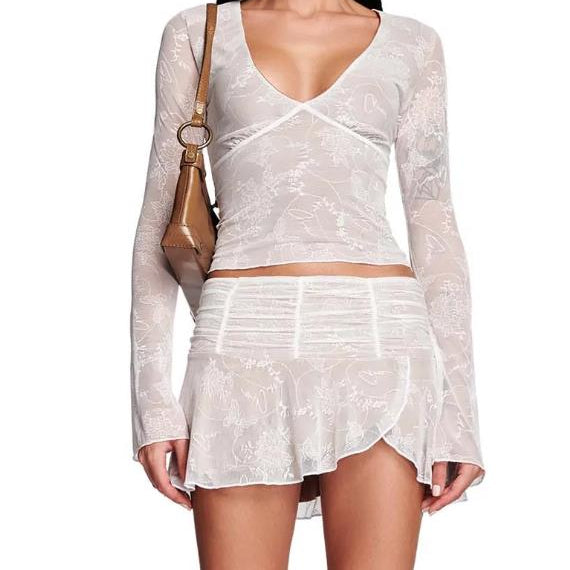 Y2K 2 Piece Mini Skirt Sets Sexy Mesh Sheer Lace Ruffle Outfits V Neck Beach Suits 2023 Summer Night Clubwear