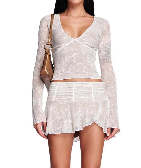 Y2K 2 Piece Mini Skirt Sets Sexy Mesh Sheer Lace Ruffle Outfits V Neck Beach Suits 2023 Summer Night Clubwear