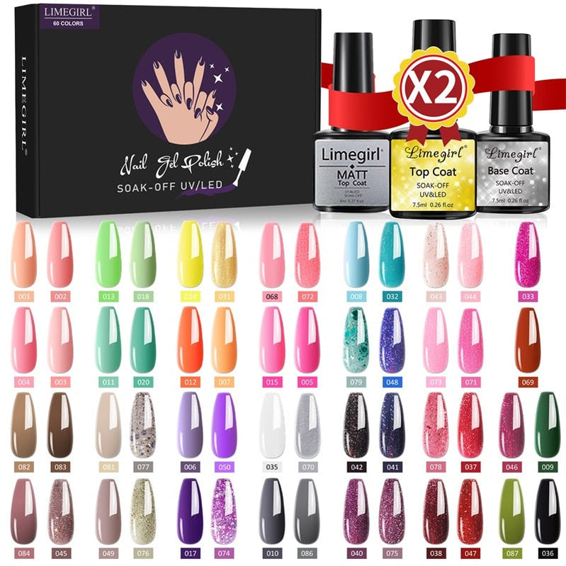 Limegirl Gel Nail Polish Set Kit Pink Glitter Popular Spring 60/40/24 Colors Semi Permanent UV Led Gel Varnish Soak Off Nail 54-6PCS-1