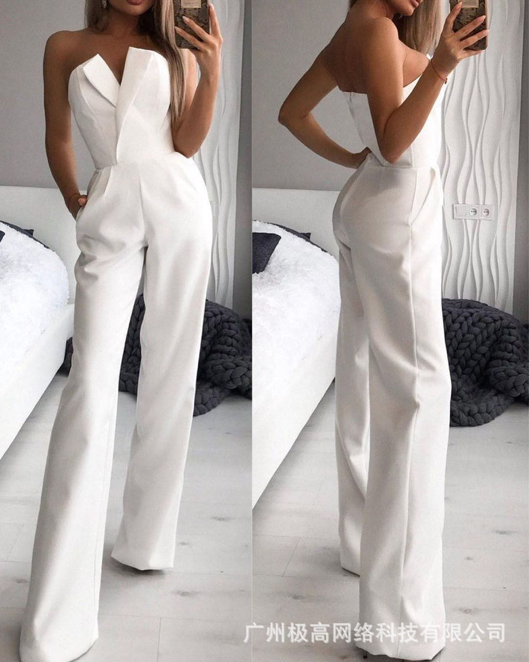 Elegant Slim Office Lady Black Strapless Jumpsuits for women Summer New Sexy Sleeveless White Red Wide leg Jumpsuits