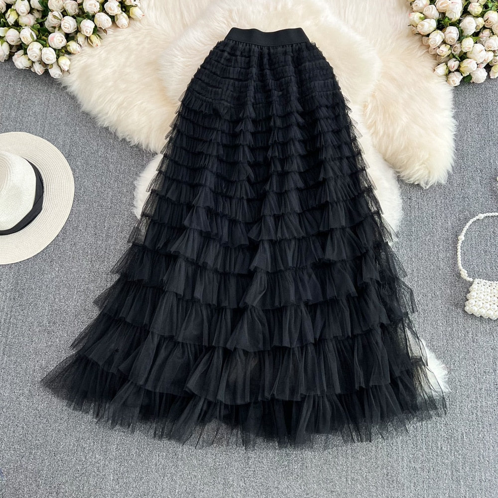 Super Long 97cm Maxi Tulle Skirts for Women 2023 New Chic Patchwork Cake Skirt Multilayer Large Swing A-Line Skirts Mujer Faldas Black One Size